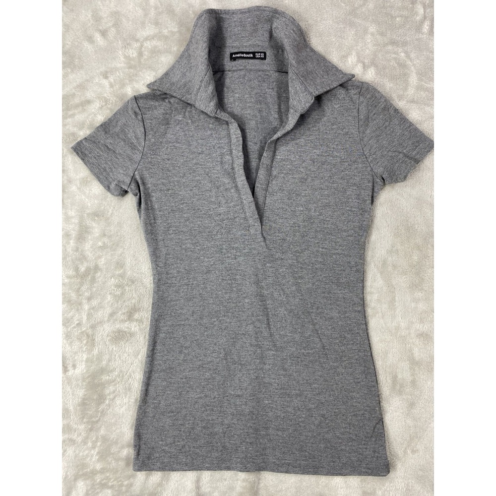 Amelie Boutik Polo Shirt Womens XS Extra Small Grey V-neck Short‎ Sleeve Collar